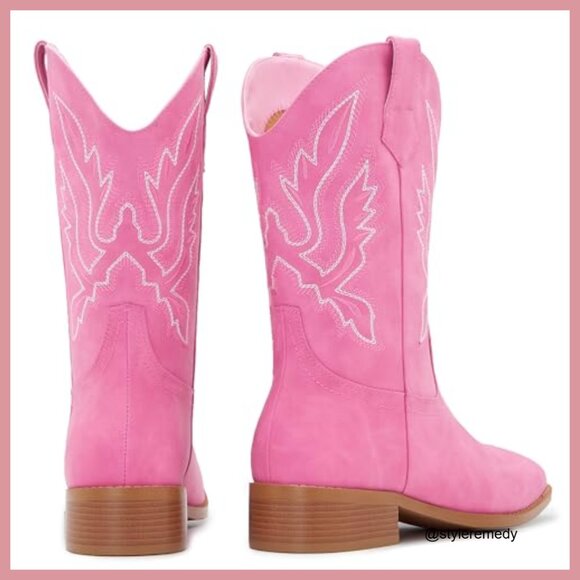 Square Toe Cowgirl Boots Mid Calf Low Heel Faux Leather - Picture 5 of 7